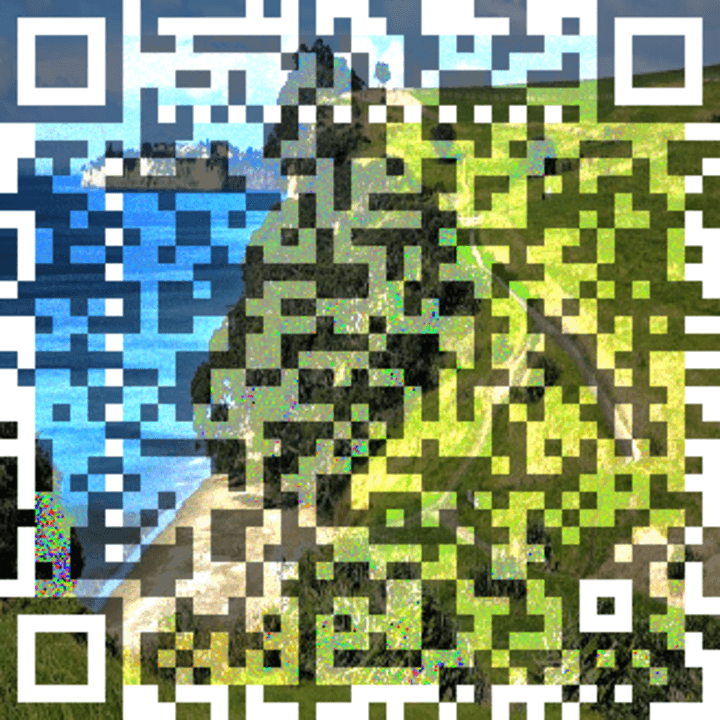 Artistic QR code blended with a landscape photo